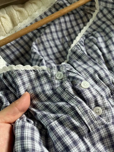 Lace Three-button Plaid Puff Sleeve Short Sleeve T-shirt Women's Summer Sweet Preppy Style Slim Shirt V-neck Short Tops Y2k