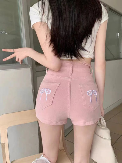 Women's Sweet Bow Denim Shorts Tassel Embroidery American Spice Summer High Waist Temperament Skinny Straight Pants Sexy Shorts