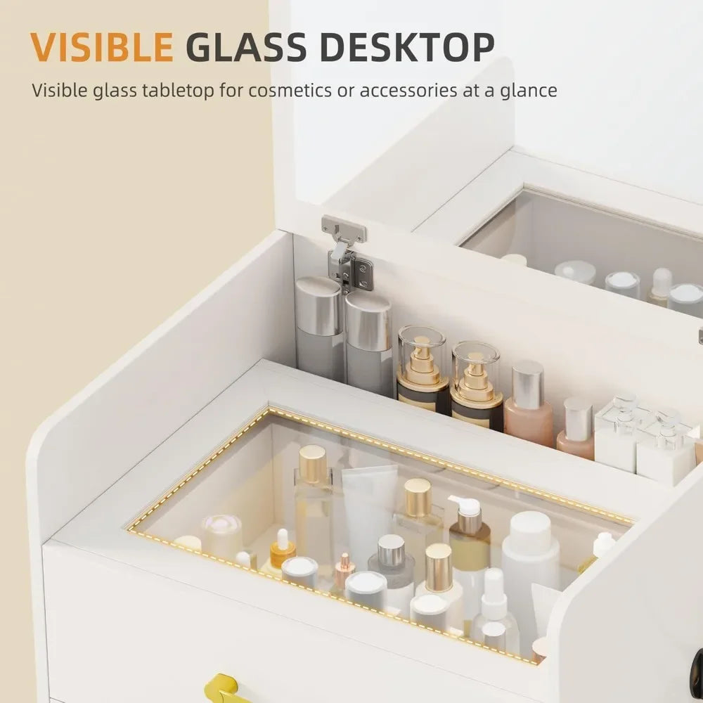 3 in 1 Vanity Desk with Flip Top Mirror,Small Make Up Vanity Set with Visible Glass Desktop,Compact Makeup Vanity with 3