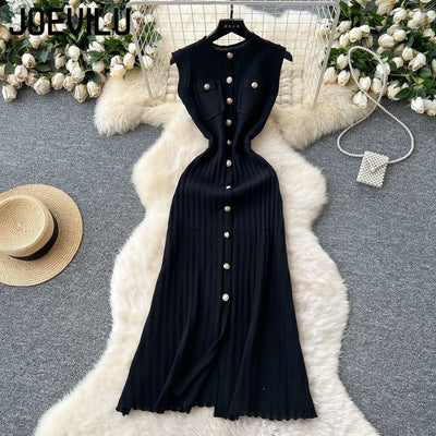 Women's Round Neck Sleeveless Dress Single-breasted Chic Elasticated Waist Slim Long Skirt   New High Quality Knitted Dress