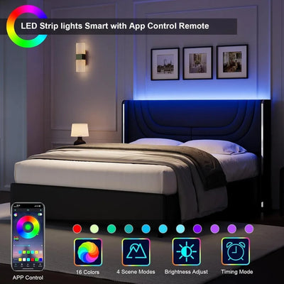 Queen Bed Frame with LED Lights, Faux Leather Upholstered Platform with Silver Wingback Headboard, Modern Style
