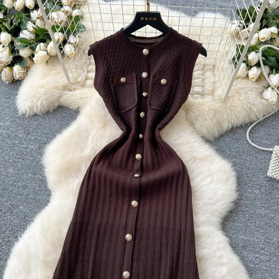 Women's Round Neck Sleeveless Dress Single-breasted Chic Elasticated Waist Slim Long Skirt   New High Quality Knitted Dress
