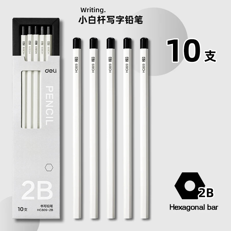Deli HC809 HB/2B White Hexagonal Pencil 10pcs/Set Safe and Non toxic Stationery Supplies,Suitable for Elementary School Students