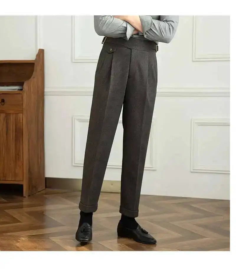 2023 Autumn Winter Men's Warm Retro Straight Trouser Male Casual British High Waist Pants Office-trousers Dress Pant Trousers