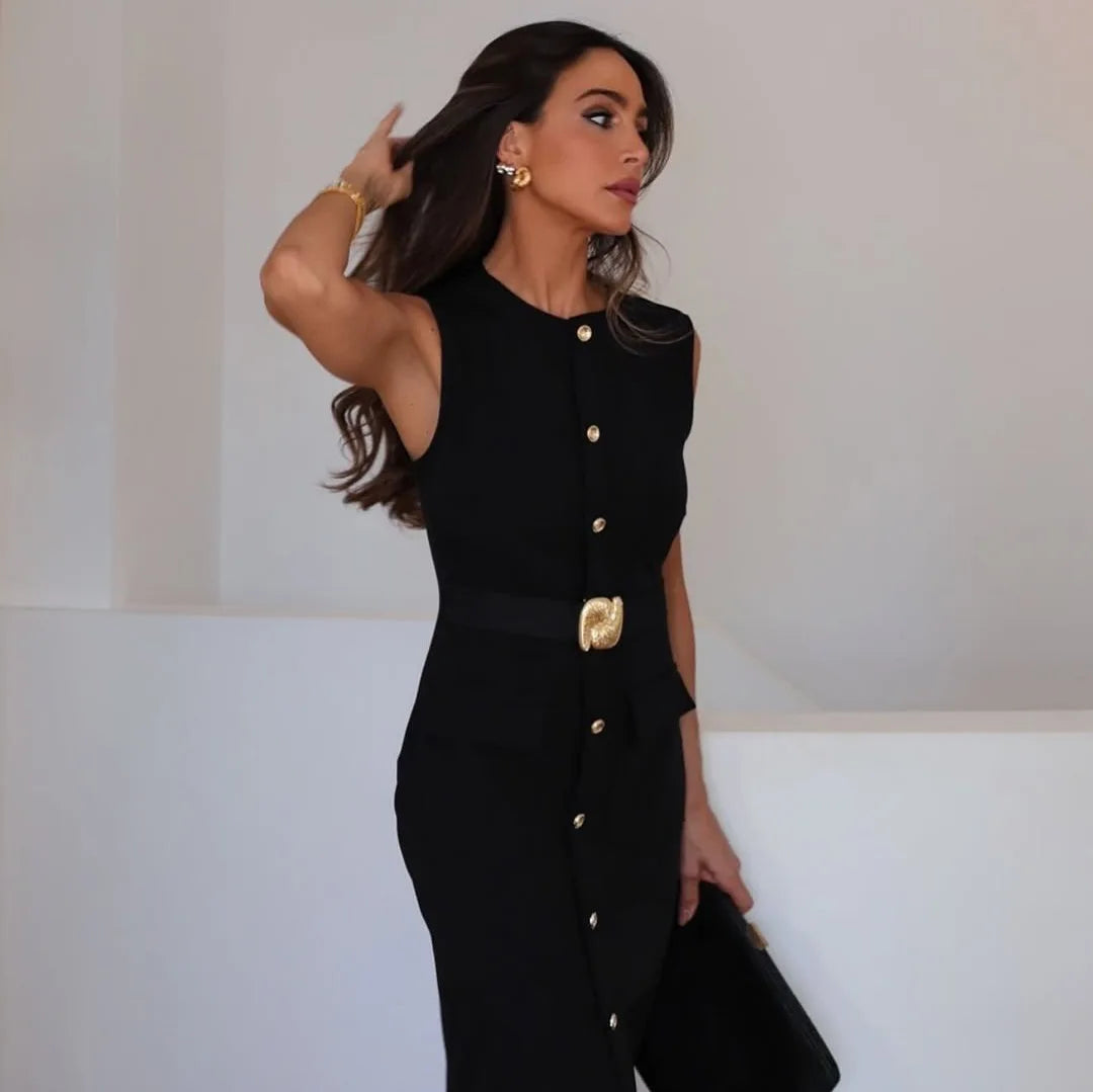 Women Long Dress Solid Color Summer Casual Slim Lady O-Neck Sleeveless Dresses Elegant Streetwear Female Button Up Belt Vestidos