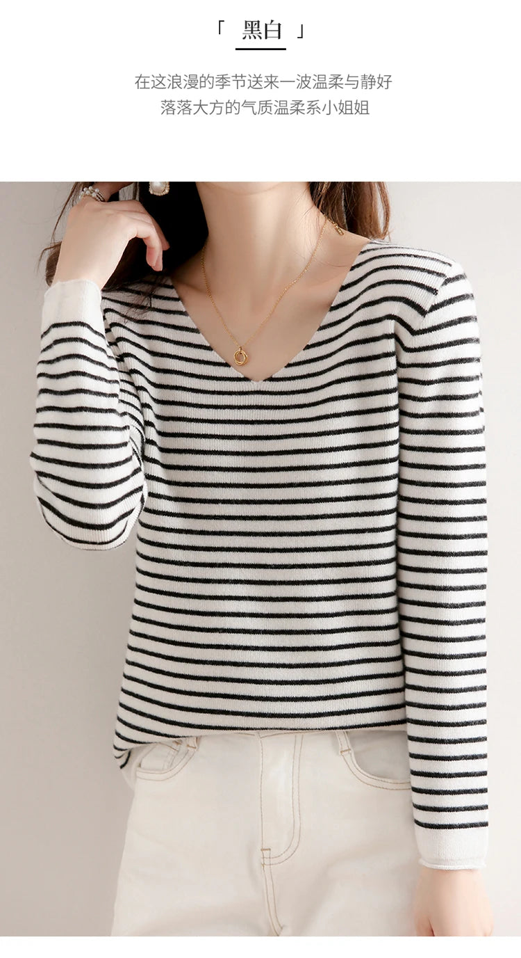 New Striped V-neck Sweater Women's All-Match Loose Sweater Fall Winter Fashion Bottoming Shirt Inner Wear Blouse