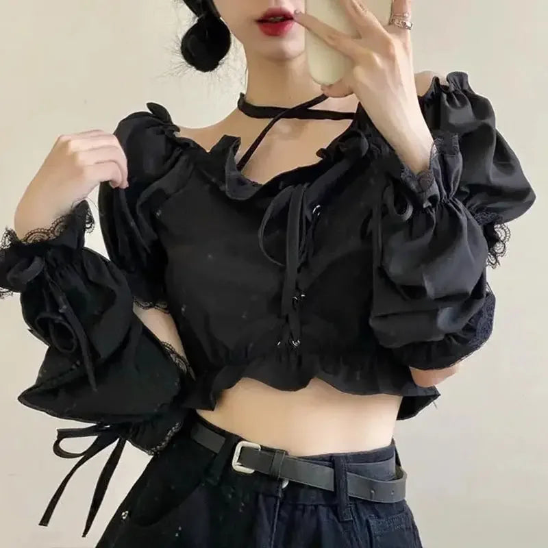 Women's Removable Sleeve T-shirt Drawstring Off Shoulder Crop Top Vintage Shirt Dark Style Harajuku Goth Tee Spring Y2k