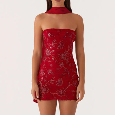 hirigin Fashion Women Summer Sequin Mini Bandeau Dress Sleeveless Off Shoulder Flower Embroidery Tube Top Dress with Scarf
