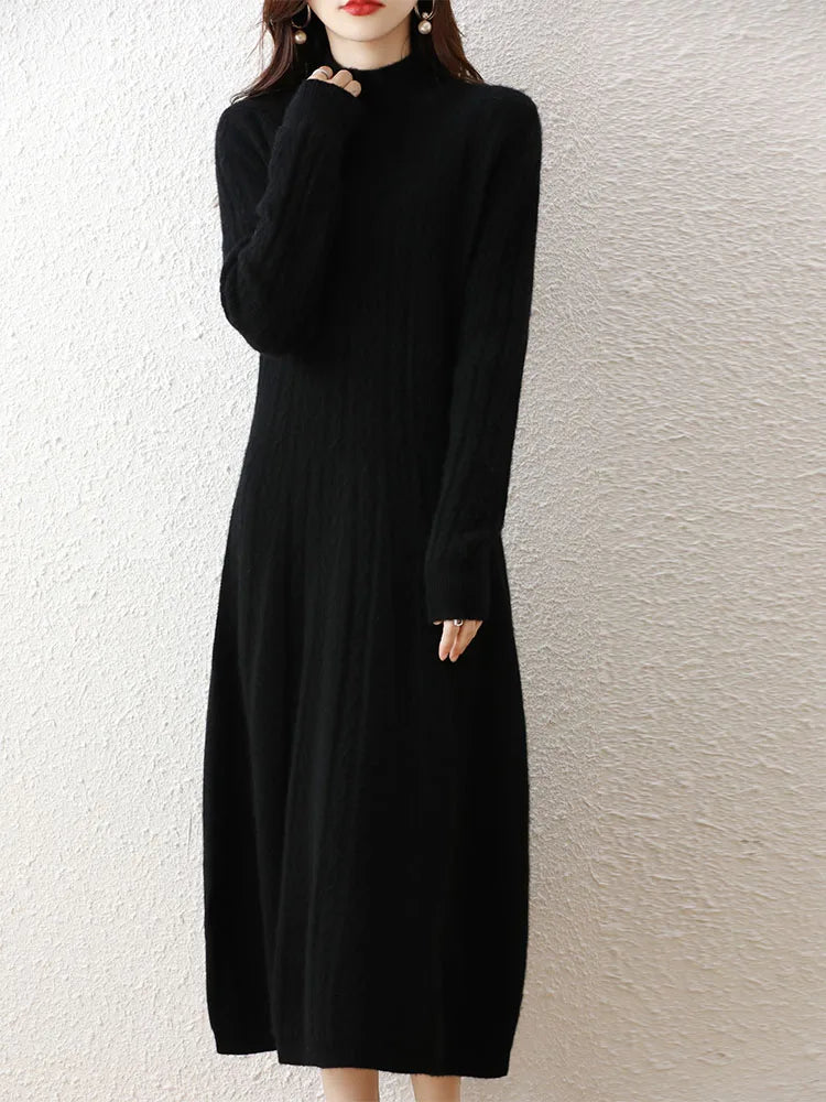 Elegant Fashion Dresses Cashmere Sweater Knitted Long Dress 100% Merino Wool Women Turtleneck Office Skirt Autumn Winter Clothes