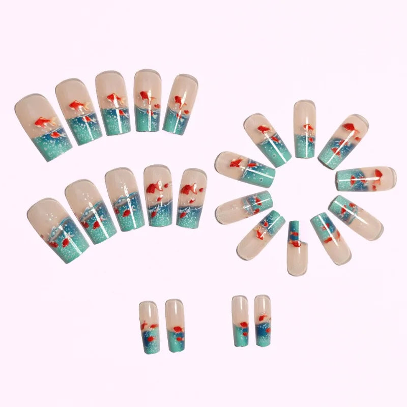 24pcs Square Stick-on Nails Set Goldfish Nail Tips Cheap Nail Seal Summer Beautiful false Nails Wholesale Holiday Press on Nails