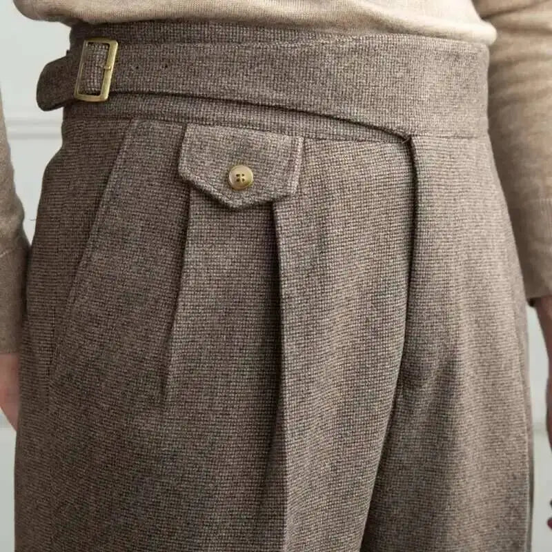 2023 Autumn Winter Men's Warm Retro Straight Trouser Male Casual British High Waist Pants Office-trousers Dress Pant Trousers