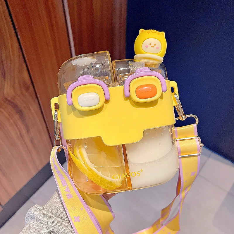 Drinking Bottle Large-Capacity Double-Bin Plastic Straw Cup Children Portable Carrying Water Bottle with High Beauty Cartoon Out