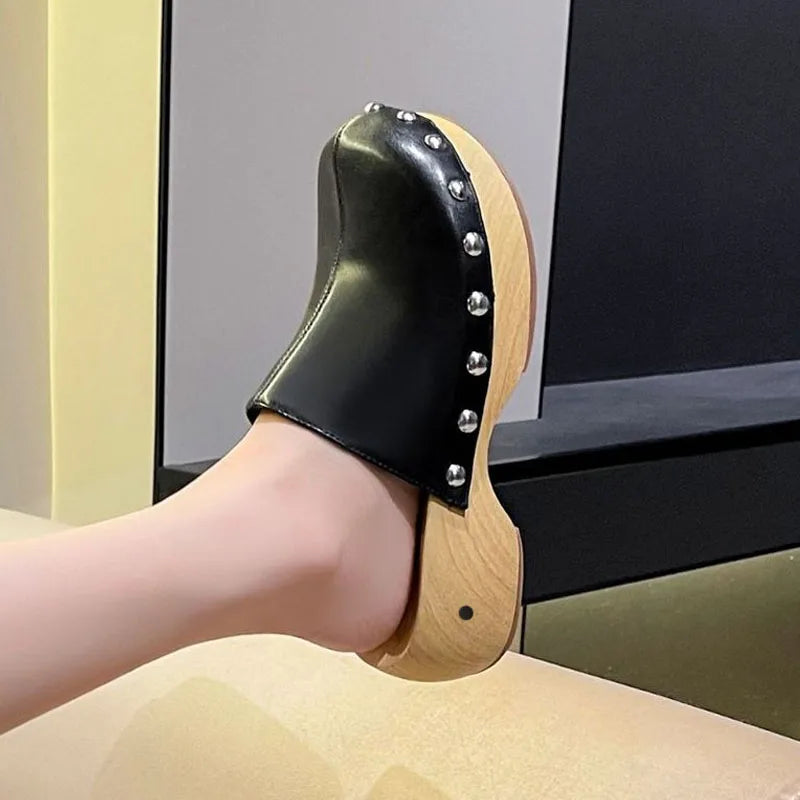 Women Imitation Cork Sole Mules Fashion Rivets Heels Platform Block Heel Soft Leather Slippers Round Toe Slip-on Casual Shoes