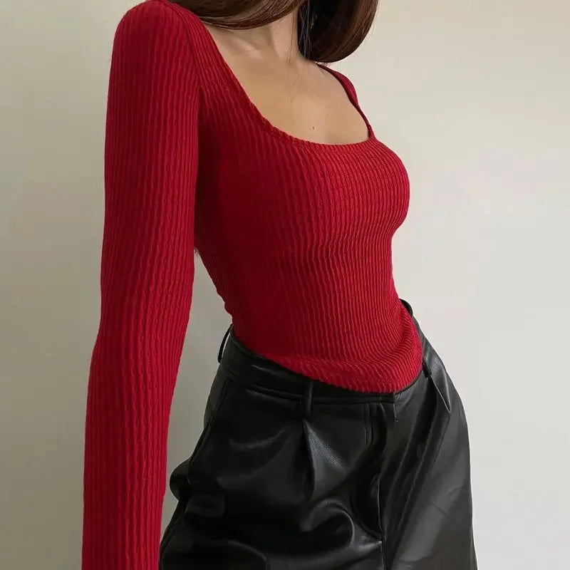 Women's Sexy Low-cut Babes Top Y2k Boho Long Sleeve T-shirt Slim Short Bottom Shirt Korean Skinny Crop Tops Spring and Summer