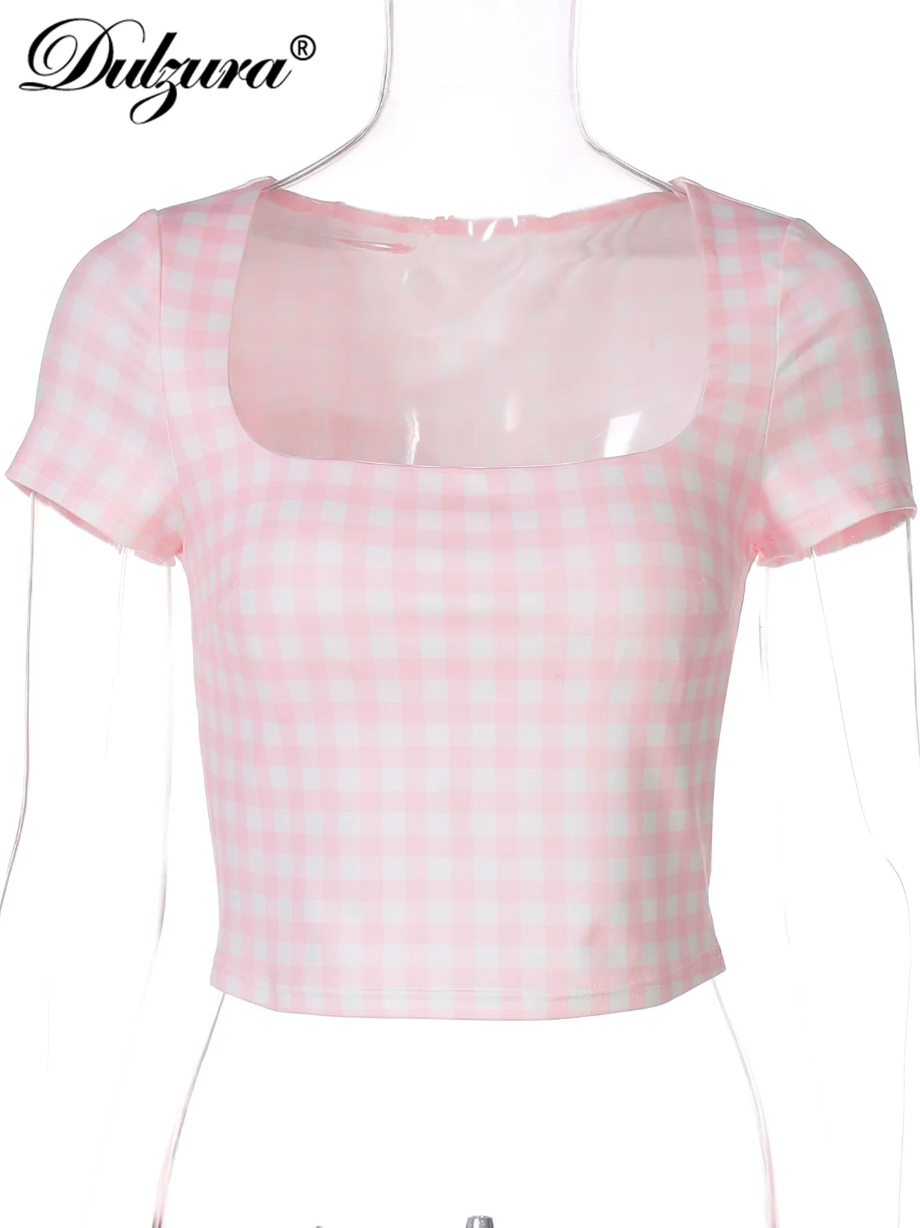 Square Collar Short Sleeve Bodycon Plaid Print T-Shirt