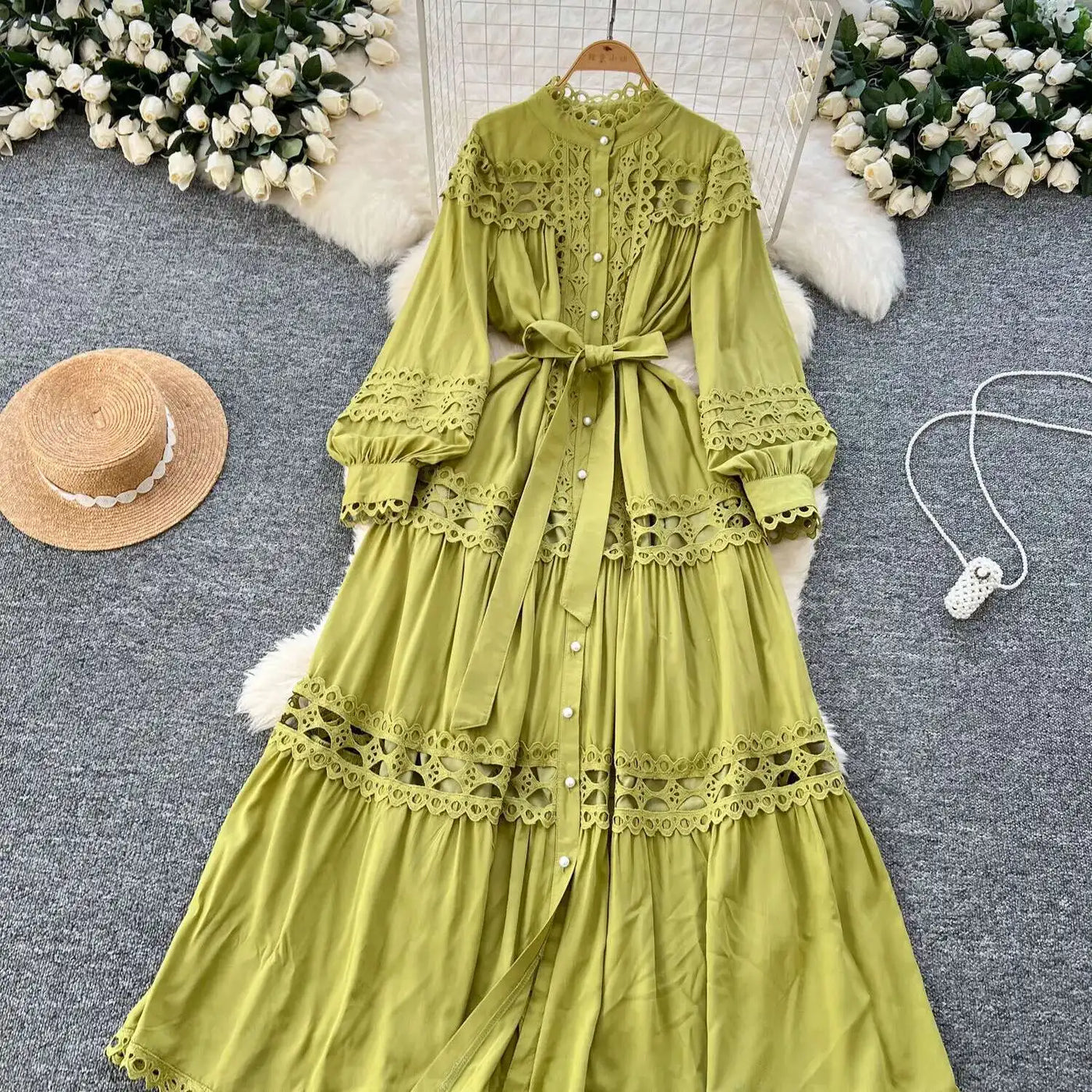 Elegant Long Maxi Hollow Out Dress Shirt Women Summer Autumn Palace Retro Pearl Button Embroidery Crochet Evening Party Vestidos
