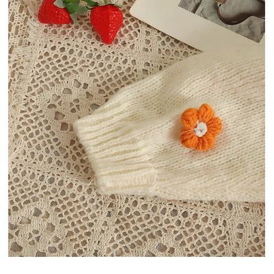 PTKPCC New Autumn Colourful Applique Flower Cardigan for Women Cute Long  V-neck Knit Crop Sweater Girl Soft Knitwear