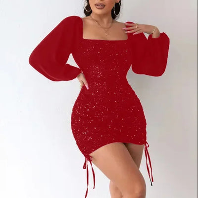 Women Summer Sexy Slim Fit Drawstring Square Collar Dress Long Sleeve High Waist Bodycon Mini Dress