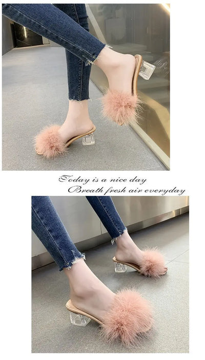 Mules Sandal Women Summer Outdoor Fashion Slippers Square Toe High Heels Office Ladies Feather Slides Chic Classics Furry Shoes
