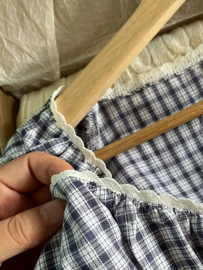 Lace Three-button Plaid Puff Sleeve Short Sleeve T-shirt Women's Summer Sweet Preppy Style Slim Shirt V-neck Short Tops Y2k