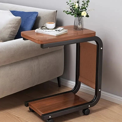 Coffee Table With 360° Wheels C-Shape End Table Sofa Side Table Portable With Cork Finish for RV Home Office Living Room Bedroom