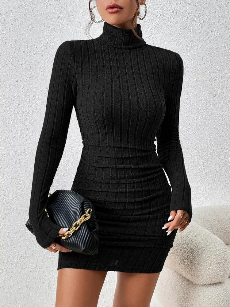 Autumn Black Mini Dress For Women Solid Long Sleeves Turtleneck Sexy Bodycon Sheath Dress Club Elegant Party Dresses Pullover