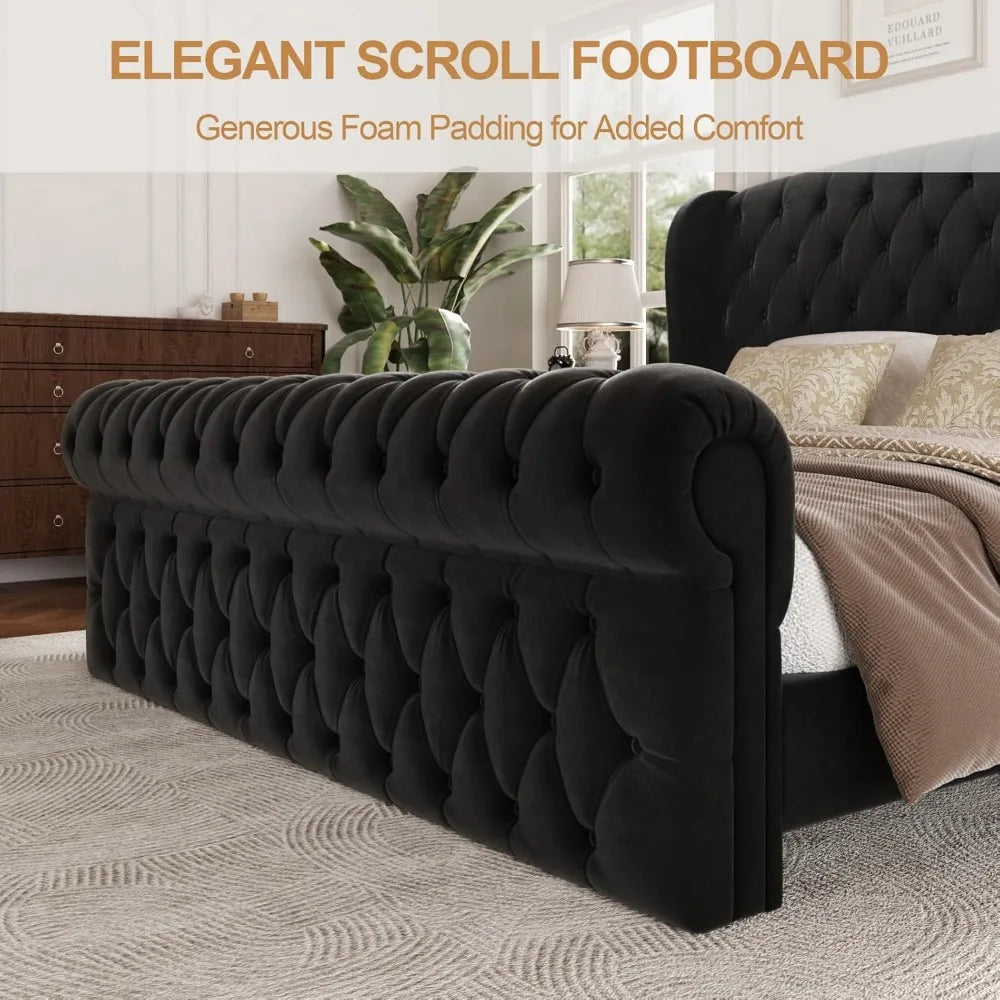 Platform Bed Frame, Chenille Upholstered Sleigh Bed with Scroll Wingback Headboard & Footboard, 52" Tall Headboard