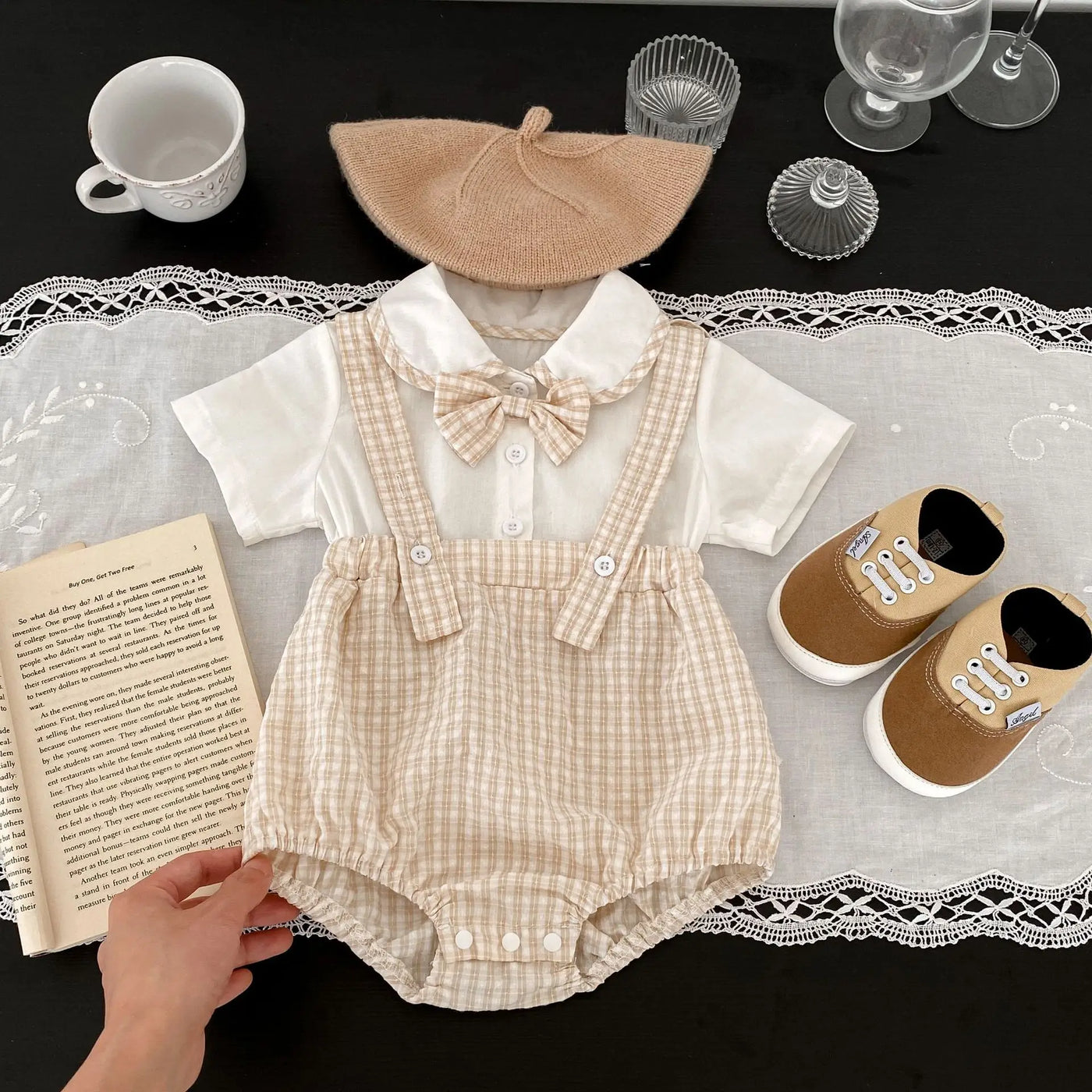 Instagram summer baby jumpsuit, male and female baby doll collar, plaid fake two-piece triangular jumpsuit, crawling