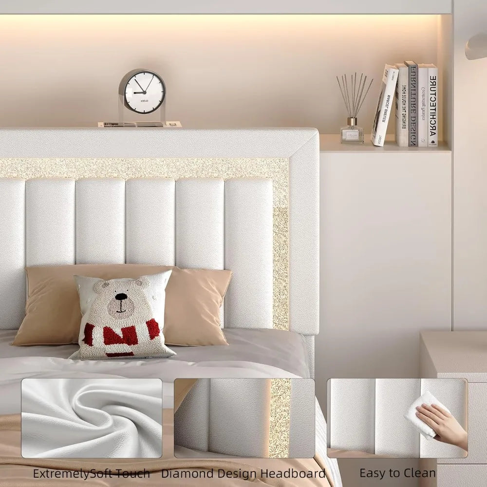 Floating Bed Frame Full with Smart LED Lights, Faux Leather Upholstered Platform Bed with Diamond PU Headboard,