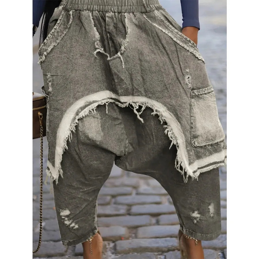 Women Jeans Harem Pants Hip Hop Punk Denim Pant Hole Elastic Waist Washed Distressed Pockets Streetwear 2025 Ripped Trousers