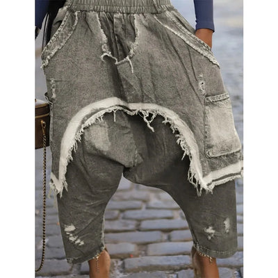 Women Jeans Harem Pants Hip Hop Punk Denim Pant Hole Elastic Waist Washed Distressed Pockets Streetwear 2025 Ripped Trousers