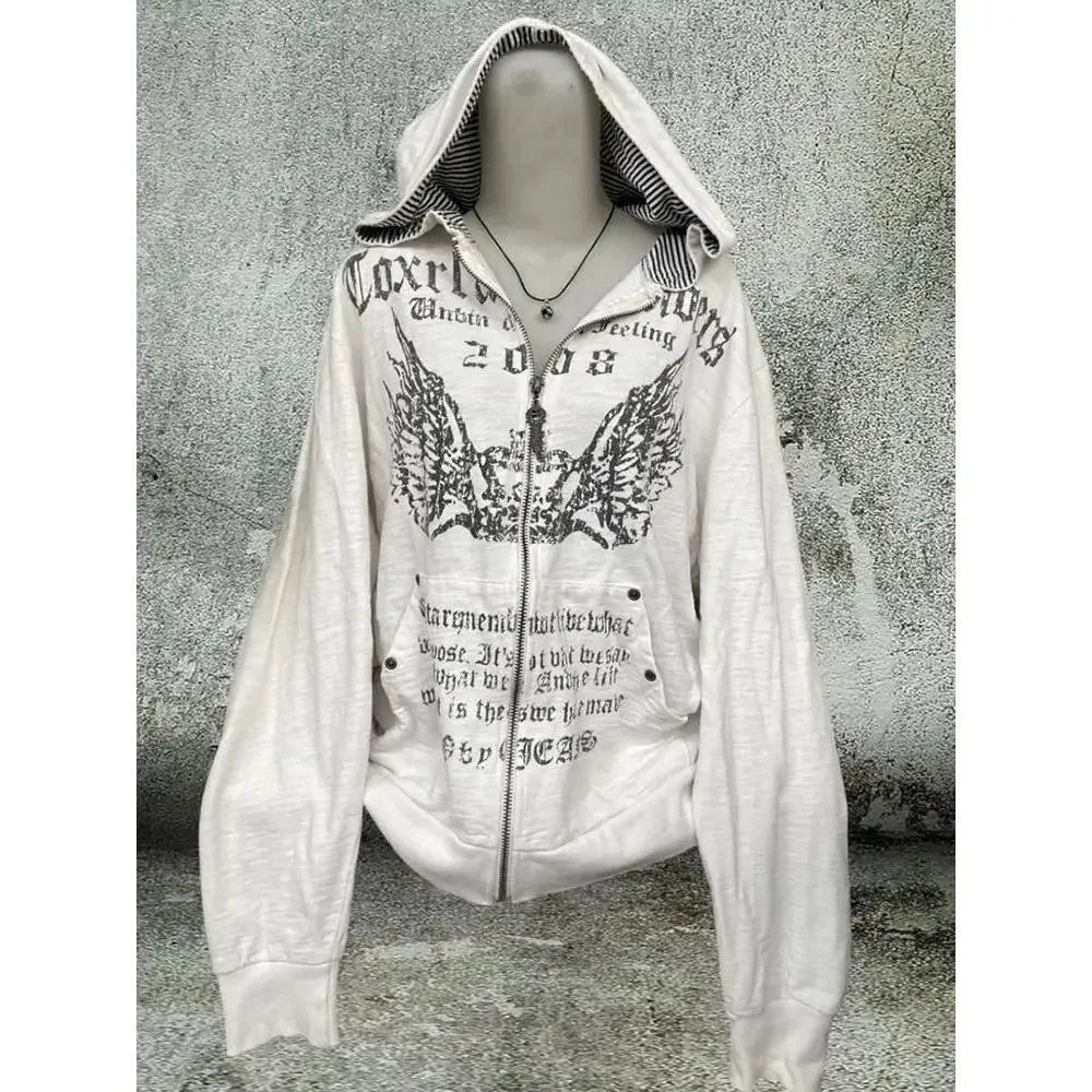 Print Tunic Hooded Y2k Coat Streetwear Fashion Casual Hoodies Tops Ropa Mujer Vintage Sweatshirts 2024 Women's Clothes White
