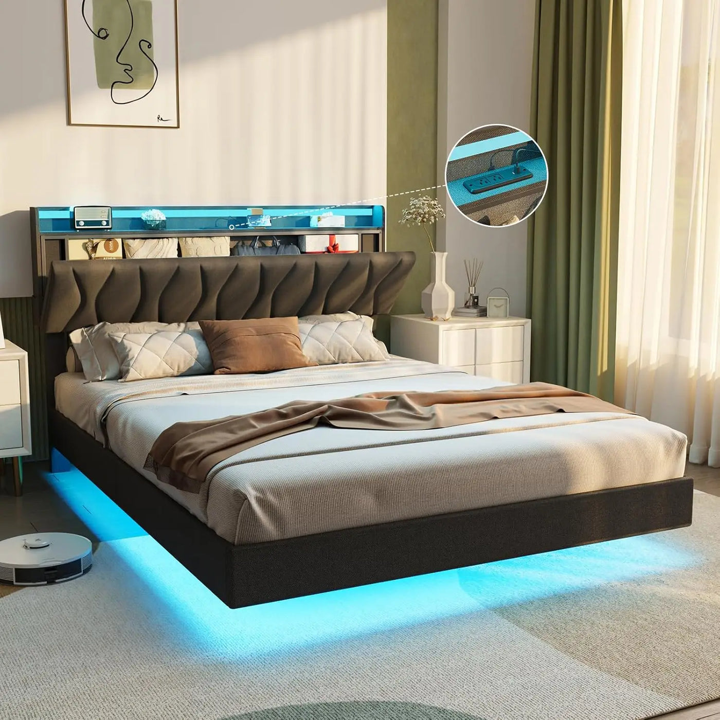 Maupvit Queen Size Floating Bed Frame with Storage Headboard, Queen Bed Frame with LED Lights, Charging Station, Upholstered