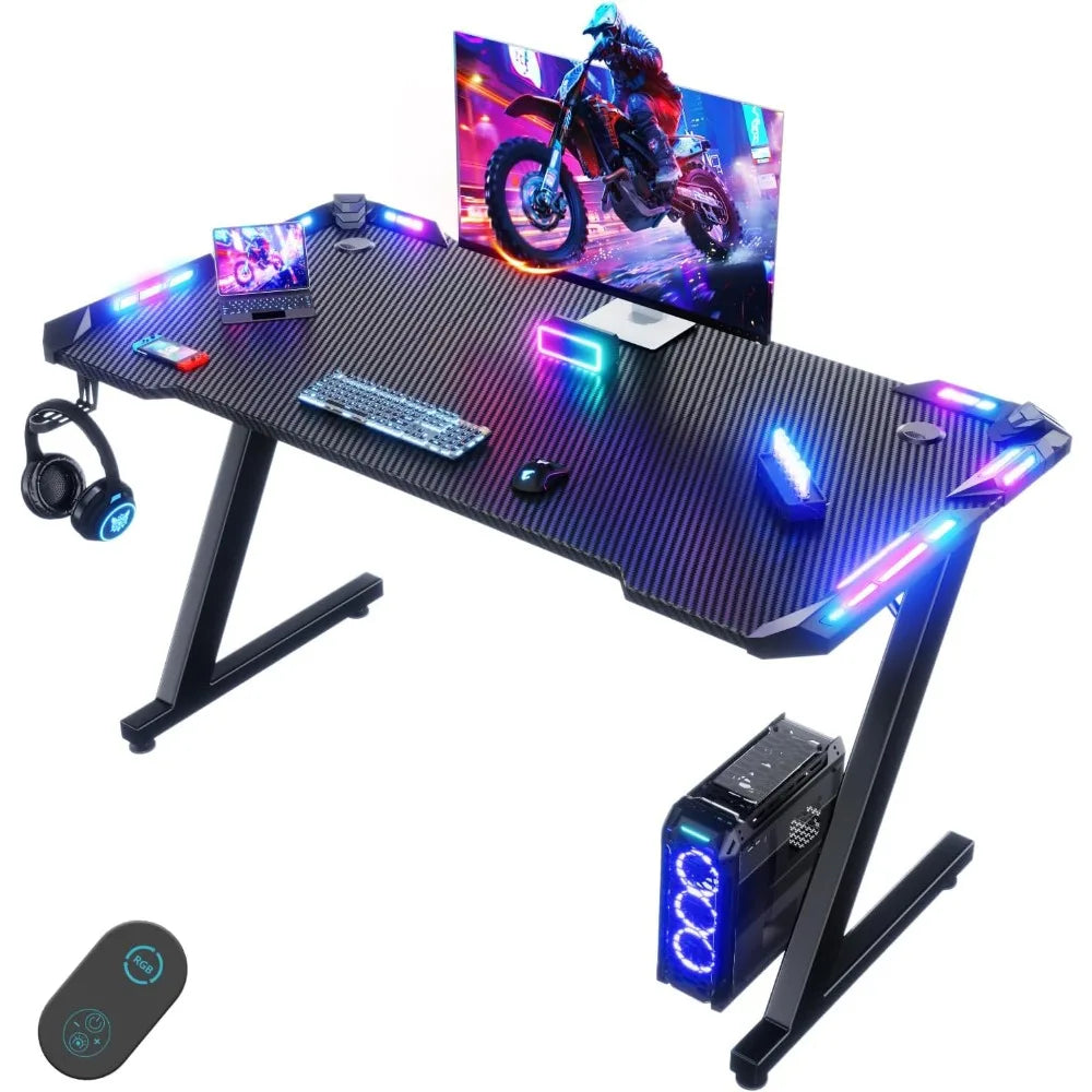 LED Gaming Desk 120 x 60 cm, Gaming Desk with RGB Light, Cup Holder and Hook for Headphones, Ergonomic Computer Table