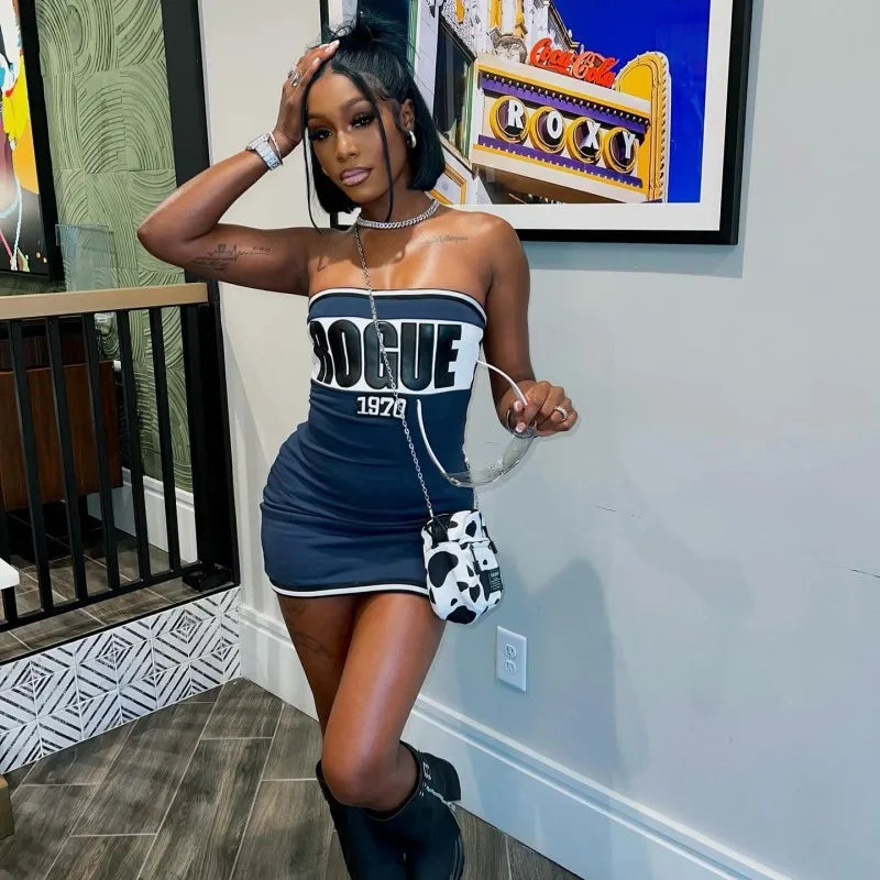 European and American foreign trade 2024 summer new fashion letter printing tube top sexy short slim dress