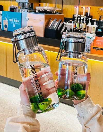 Sports Glass Water Bottle 2L Capacity Free Cup Cover (with Shoulder Strap)  Portable Leak-proof Drinking Stainless Steel Lid