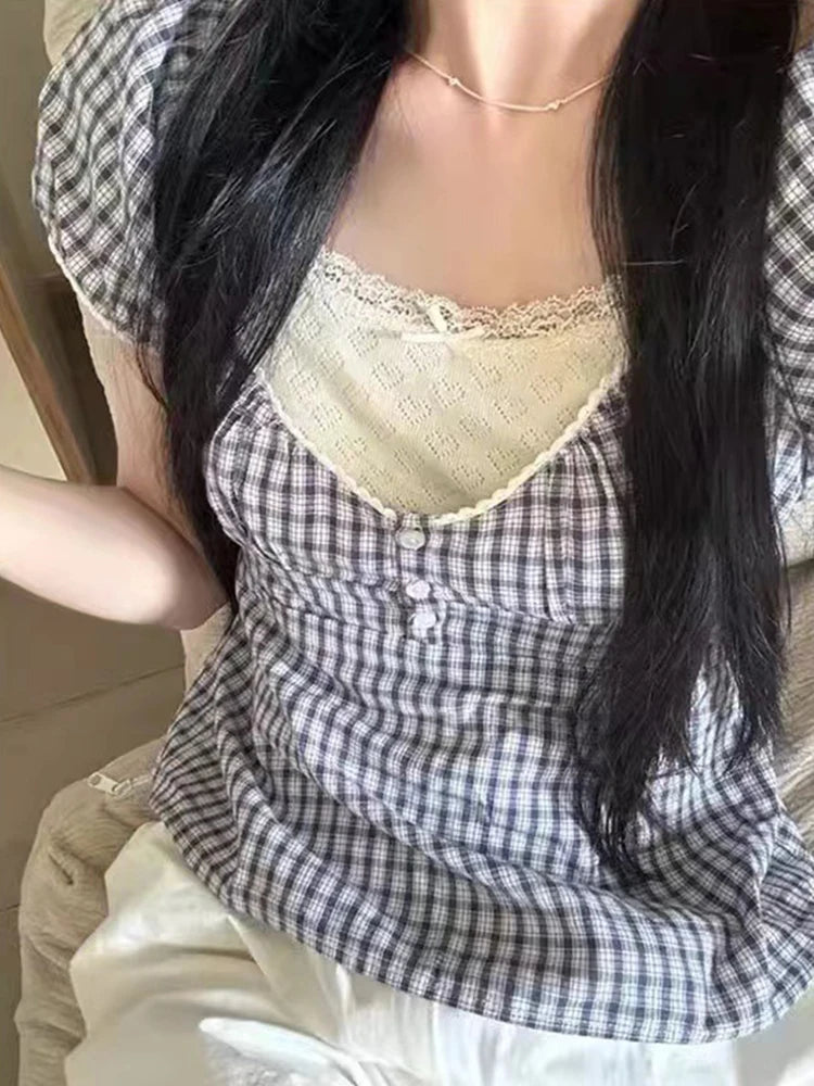 Lace Three-button Plaid Puff Sleeve Short Sleeve T-shirt Women's Summer Sweet Preppy Style Slim Shirt V-neck Short Tops Y2k