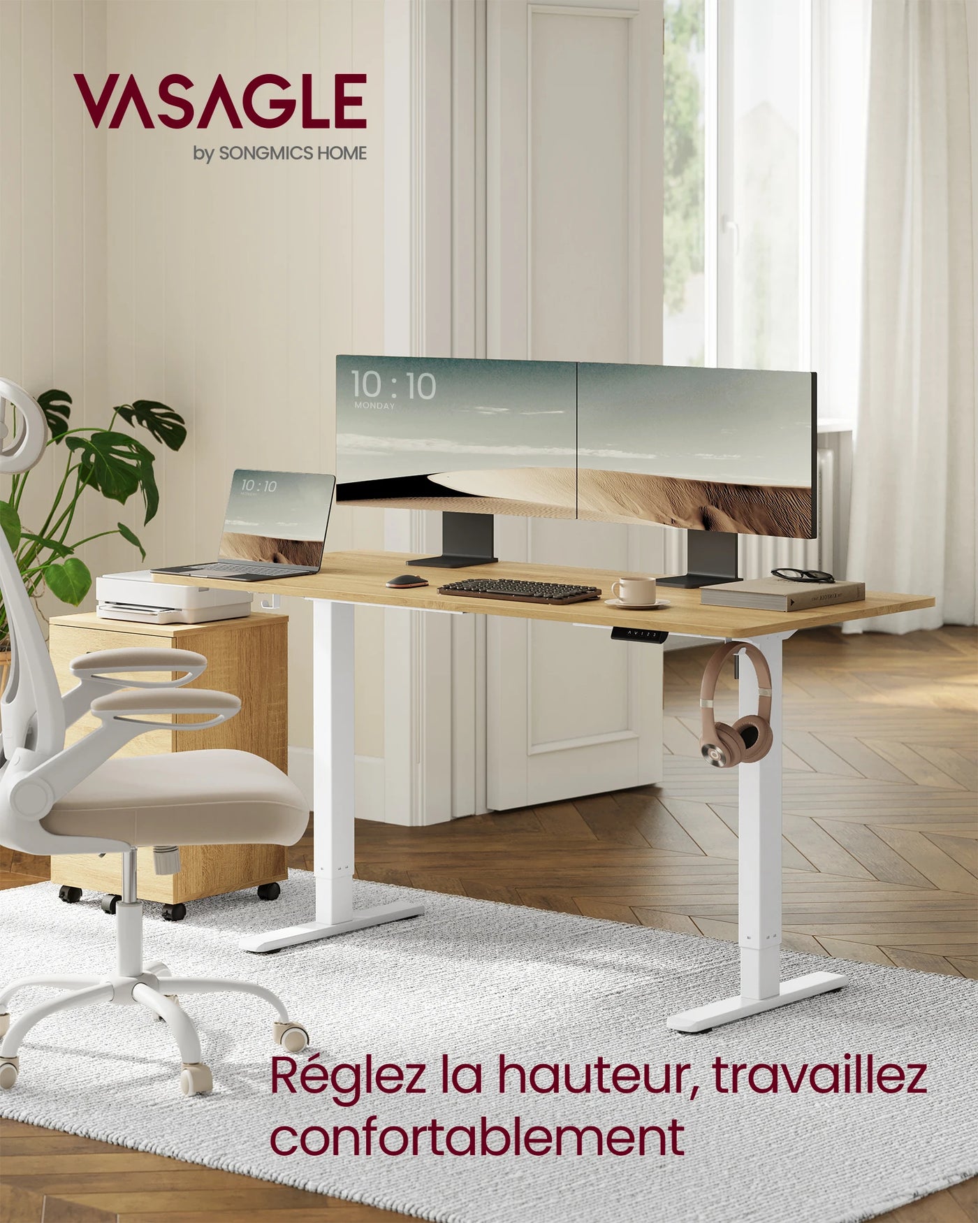 Electric Height Adjustable Desk, without Table Top, with 2 Hooks, 3 Height Memory Function, Steel, Matte White