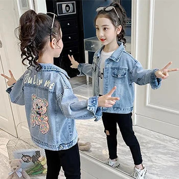 3 4 6 8 10 12 Years Teen Girls Denim Jacket Spring New Fashion Bear Sequin Cowboy Coats For Girls Children Outwear Birthday Gift