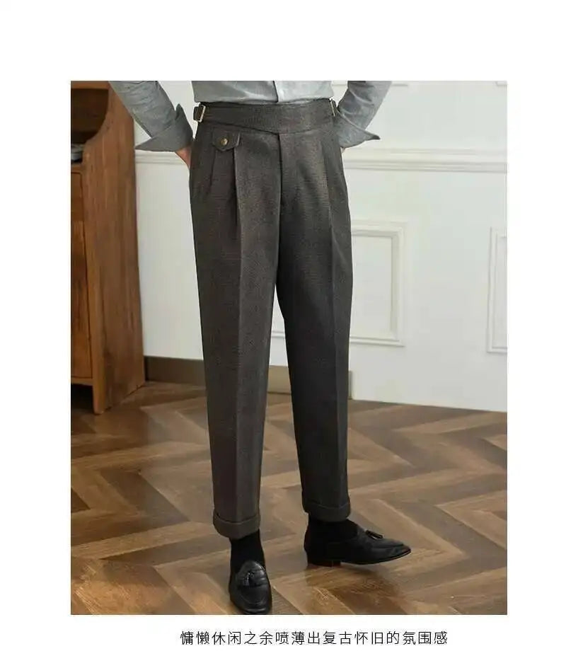 2023 Autumn Winter Men's Warm Retro Straight Trouser Male Casual British High Waist Pants Office-trousers Dress Pant Trousers