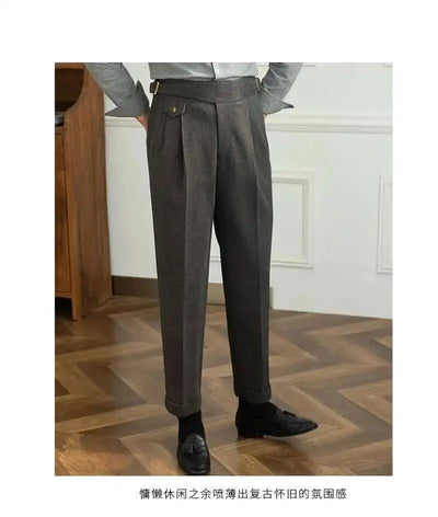 2023 Autumn Winter Men's Warm Retro Straight Trouser Male Casual British High Waist Pants Office-trousers Dress Pant Trousers