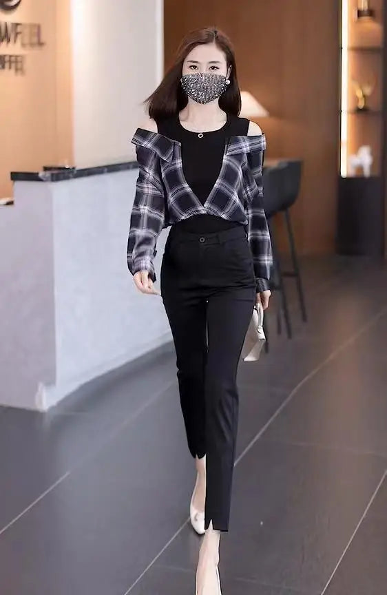 Fake Two Pieces Chiffon Silk Blouse for Women Off Shoulder Top Cool Blue Stripe Cotton Satin Shirt Woman Particular Trends Youth
