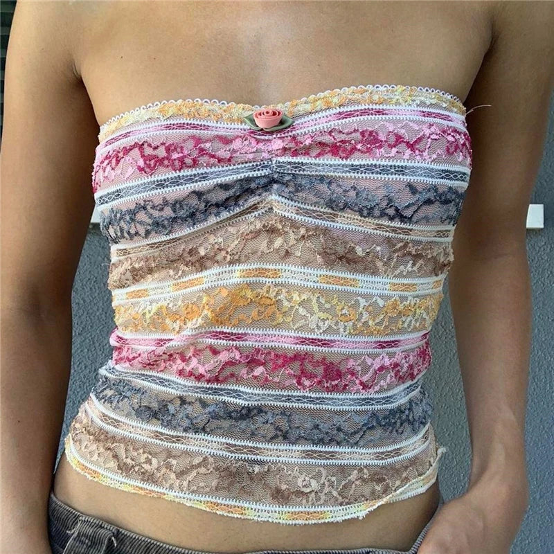 Xingqing y2k Off Shoulder Top Women Fairy Grunge Clothes Summer Sleeveless Lace Trim Patchwork Strapless Tshirt 2000s Streetwear