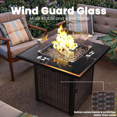 Propane Outdoor Fire Pit Table, 28" Rattan Square Fire Pit Table, Outdoor Gas FirePit W/Glass Wind Guard