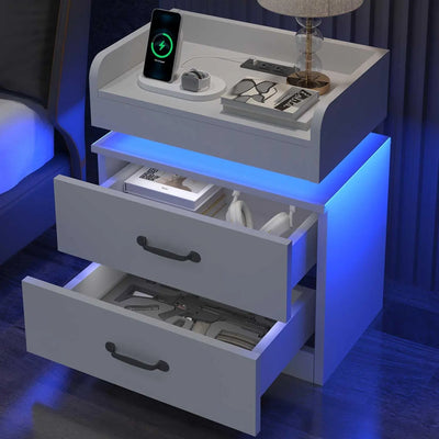 Black Nightstand with Charging Station, Night Stand with LED Lights, Modern Led End Table, Nightstand for Bedroom