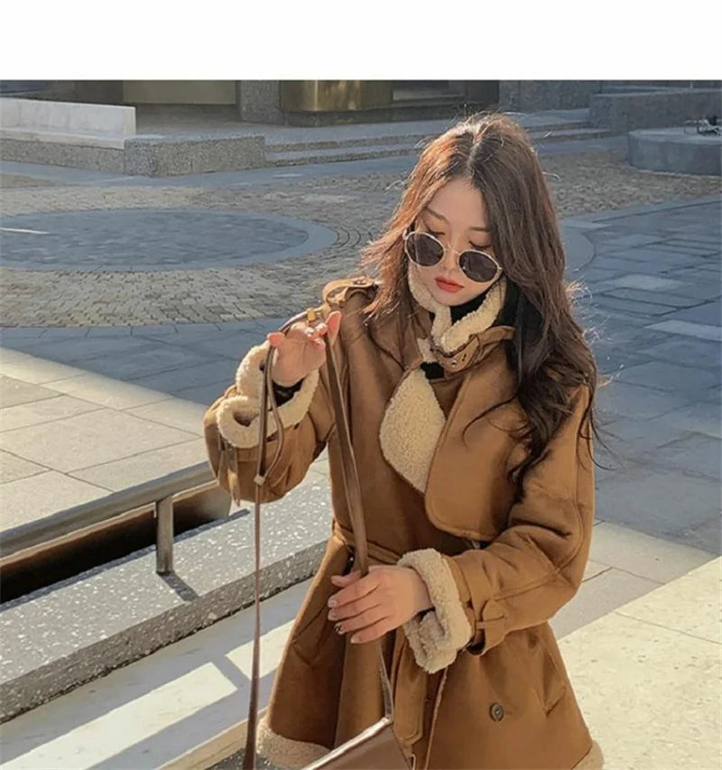 2024 Autumn Winter New Medium Long Double-breasted Lambswool Suede Woolen Coat Women Add Velvet Padded Warm Fur One Woolen Coats