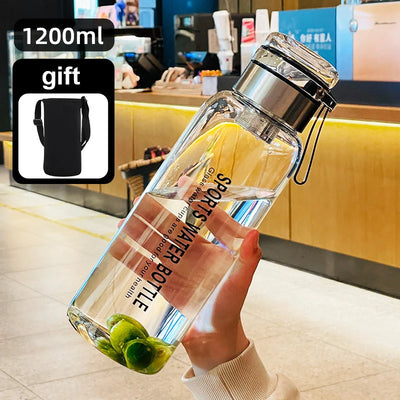 Sports Glass Water Bottle 2L Capacity Free Cup Cover (with Shoulder Strap)  Portable Leak-proof Drinking Stainless Steel Lid