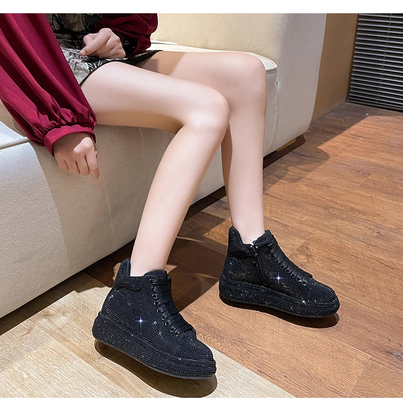 Fashion Sneakers Women Trend 2024 New Spring Autumn Platform Lace Up Rhinestone Women Casual Shoes Fashion Shiny Ladies Shoes