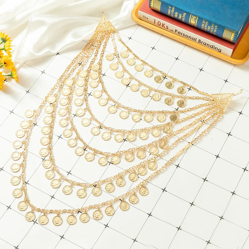 Algerian Wedding Bride Gold Color Necklace Handmade Multi-layer Human Head Chest Chain Coin Necklace Caftan Body Chain Jewelry