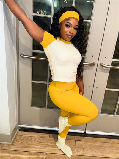 Weird Puss Casual Sporty 2 Piece Set Women Contrast Patchwork Short Sleeve T-Shirts+Skinny Stretch Sweatpants Simple Tracksuits